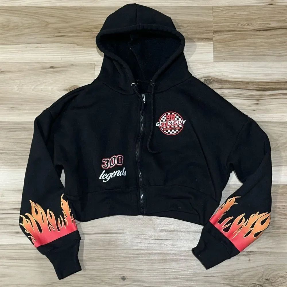 Racecar Black Cropped Zip Up Hoodie Sweatshirt Women’s Small